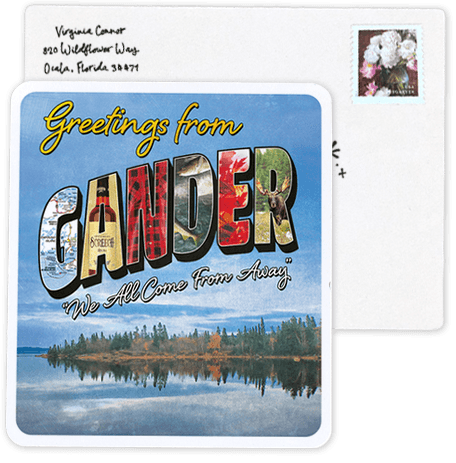 Greetings from Gander with mail envelope