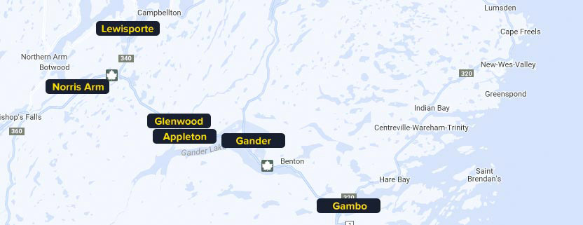 Map of Newfoundland, Gander and neighboring towns Glenwood, Lewisporte, Appleton, Gambo, and Norris Arm