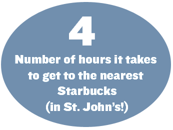 4: Number of hours it takes to get to the nearest Starbucks (in St. John's!)